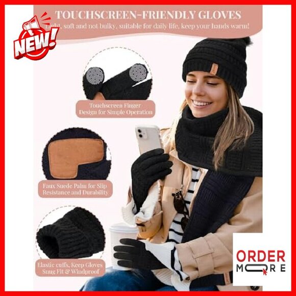 Fleece Lined Pom Pom Beanie Scarf Touchscreen Gloves Winter Set